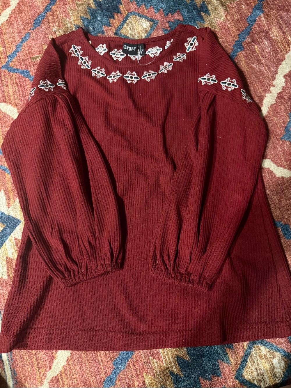 Cruel Burgundy Embroidered Puff-Sleeve Women's Top